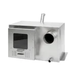 TimberIN IntegraFire 30, stufa a legna integrata da 30 kW in acciaio inox 316 per vasca idromassaggio, su sfondo bianco