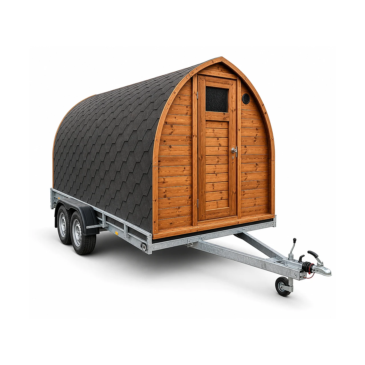 TimberIN Nordic Mobile Sauna Pod™ – sauna igloo mobile su rimorchio, su sfondo bianco