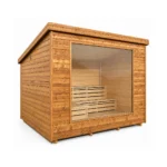 TimberIN Nordic Vista™ – sauna da esterno moderna con vetrata panoramica, su sfondo bianco