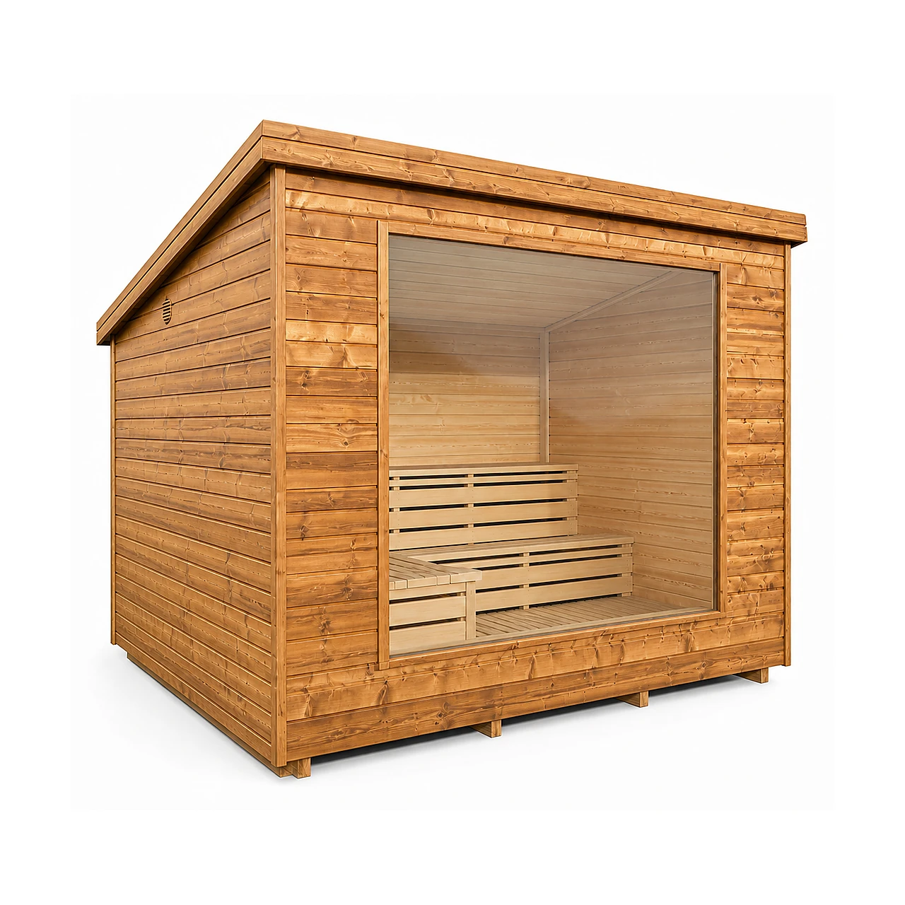TimberIN Nordic Vista™ – sauna da esterno moderna con vetrata panoramica, su sfondo bianco