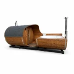 TimberIN Nordic Barrel Duo, sauna a botte con vasca idromassaggio in legno termotrattato, vista su sfondo bianco