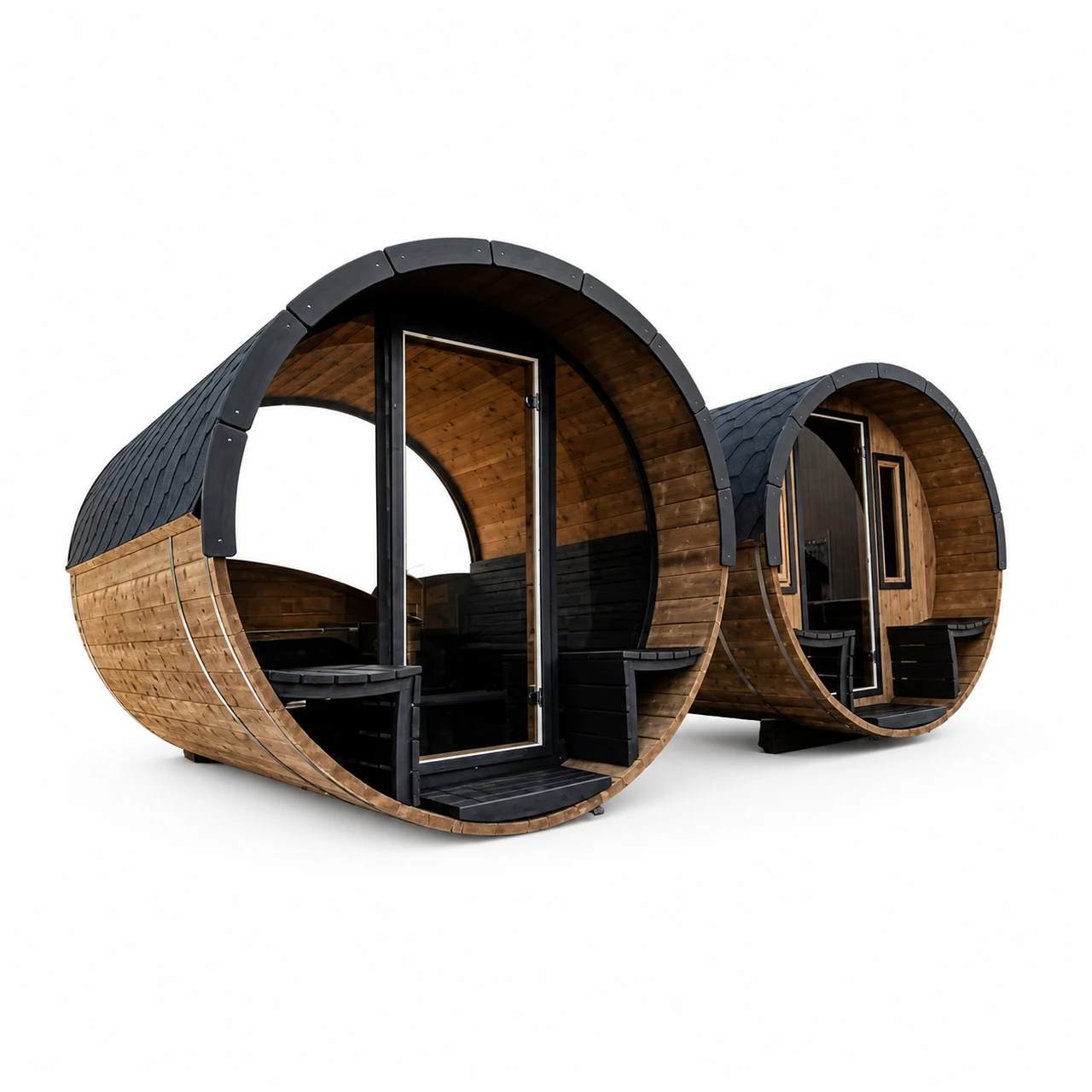 TimberIN Nordic Barrel Panorama™ – sauna a botte con fronte in vetro, su sfondo bianco