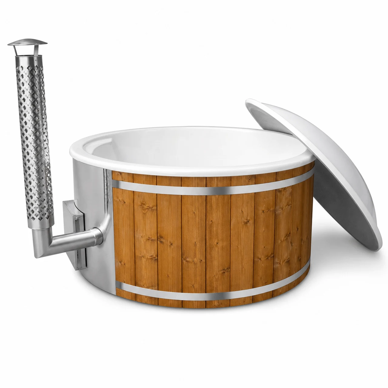 TimberIN Nordic Core™ – vasca idromassaggio da esterno con stufa a legna integrata, su sfondo bianco