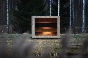 Sauna TimberIN Nordic Cube in CLT con finestra panoramica a tutta altezza