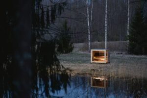 Sauna da giardino TimberIN Nordic Cube in un prato