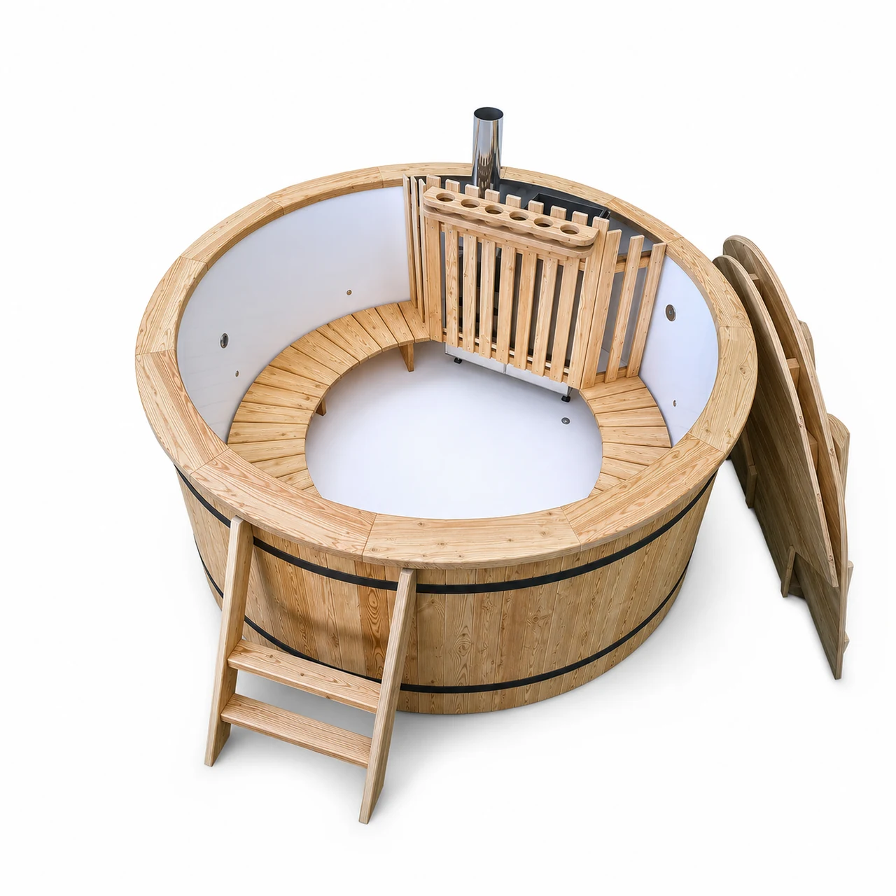 TimberIN Nordic Flex – vasca rotonda con vasca interna in polipropilene, panche in legno, stufa interna integrata, scaletta in legno e coperchio in legno appoggiato su sfondo bianco.