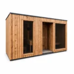 TimberIN Nordic Grand Vista™ 500 – sauna da giardino moderna con spogliatoio, su sfondo bianco