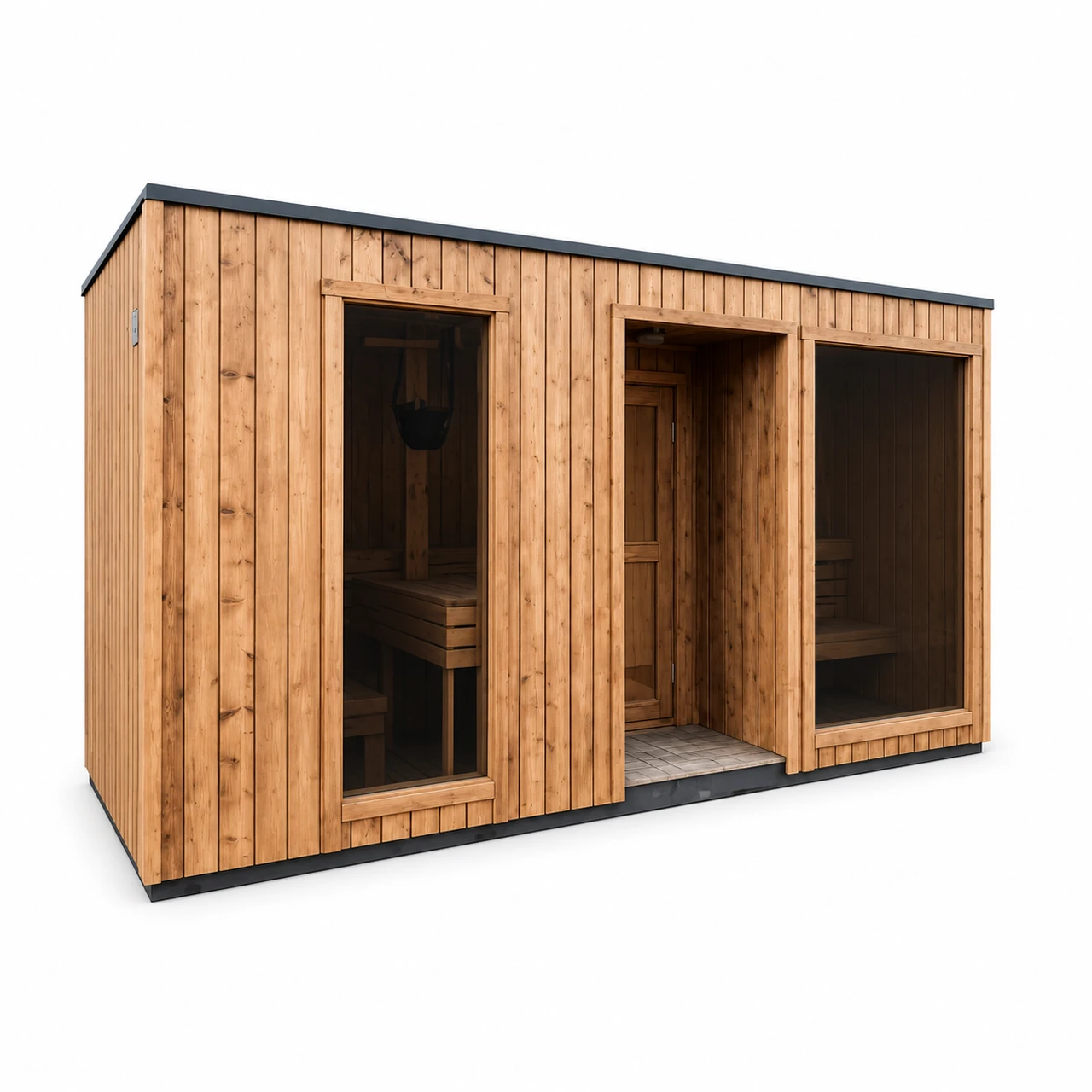 TimberIN Nordic Grand Vista™ 500 – sauna da giardino moderna con spogliatoio, su sfondo bianco