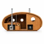 TimberIN Nordic Sauna e vasca idromassaggio Kombi Hobbiton in legno termotrattato, vista su sfondo bianco