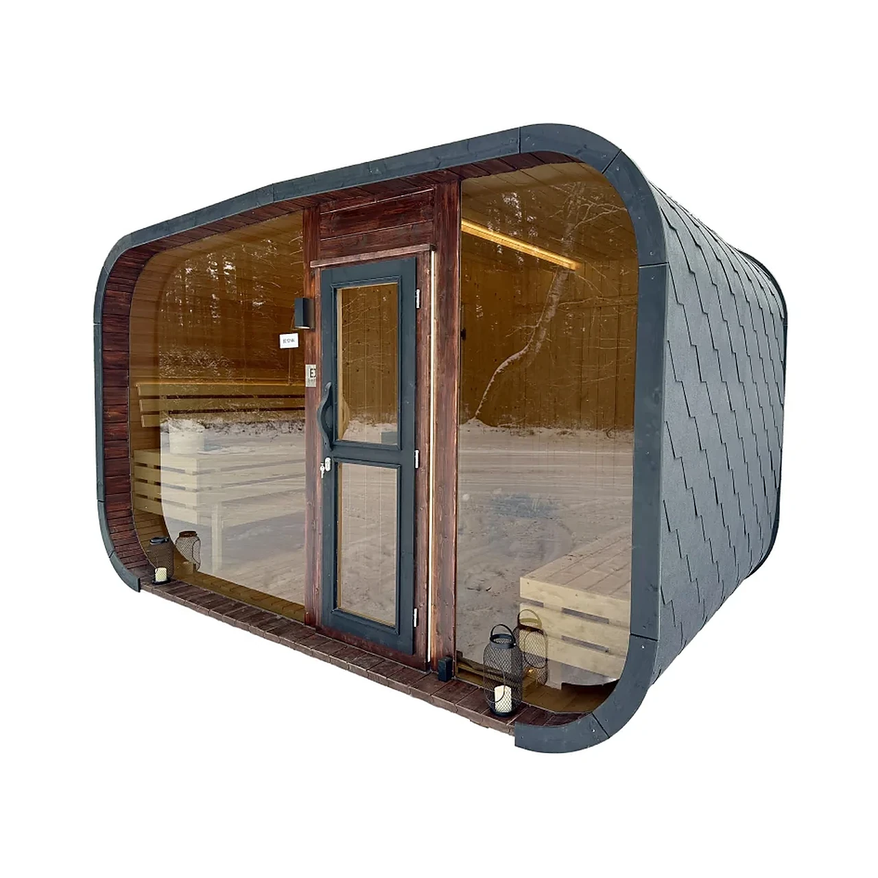 TimberIN Nordic Horizon™ – sauna da giardino con spogliatoio, su sfondo bianco