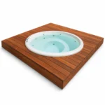 TimberIN Nordic InGround Comfort – vasca rotonda in vetroresina da incasso con acqua azzurra e getti idromassaggio, inserita in un modulo di terrazza in legno su sfondo bianco.