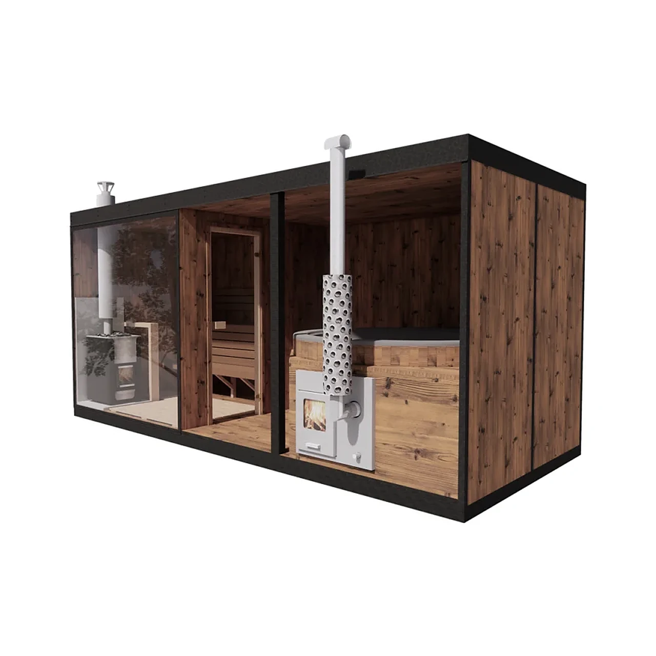 TimberIN Nordic Modular Spa™ – moduli sauna, spogliatoio e vasca idromassaggio, su sfondo bianco