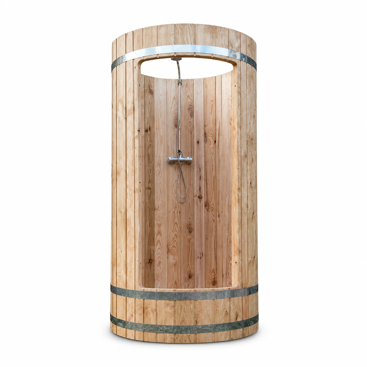 TimberIN Nordic Shower™ Barrel – doccia esterna in legno, su sfondo bianco