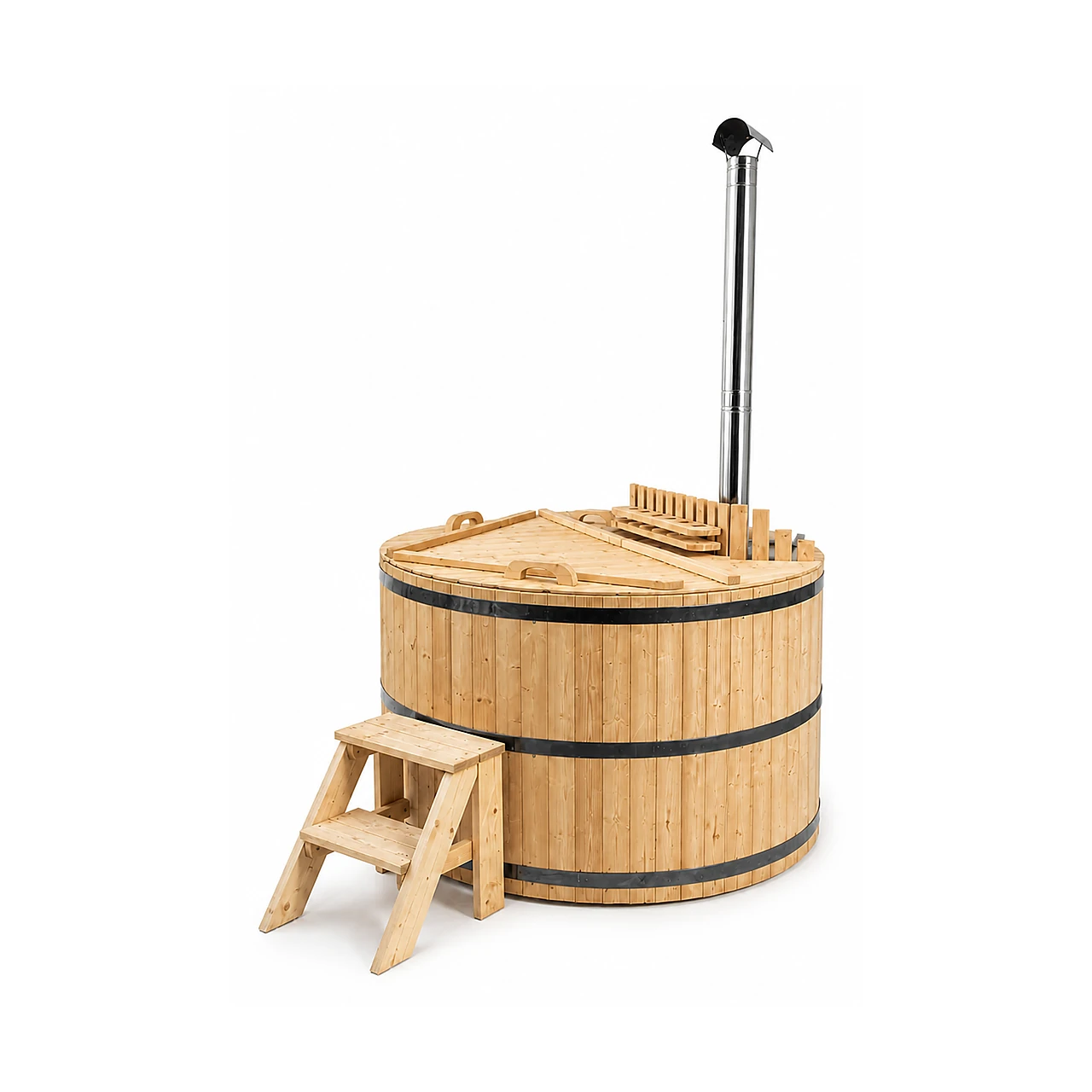 Tinozza rotonda TimberIN in legno con scaletta e stufa a legna