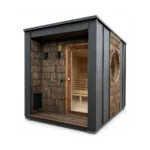 Sauna da esterno moderna TimberIN Nordic Oculus con finestra rotonda, foto da studio su sfondo bianco