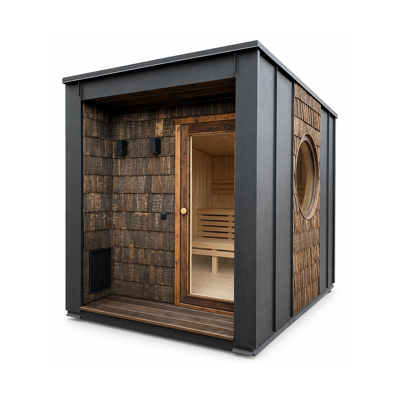 Sauna da esterno moderna TimberIN Nordic Oculus con finestra rotonda, foto da studio su sfondo bianco