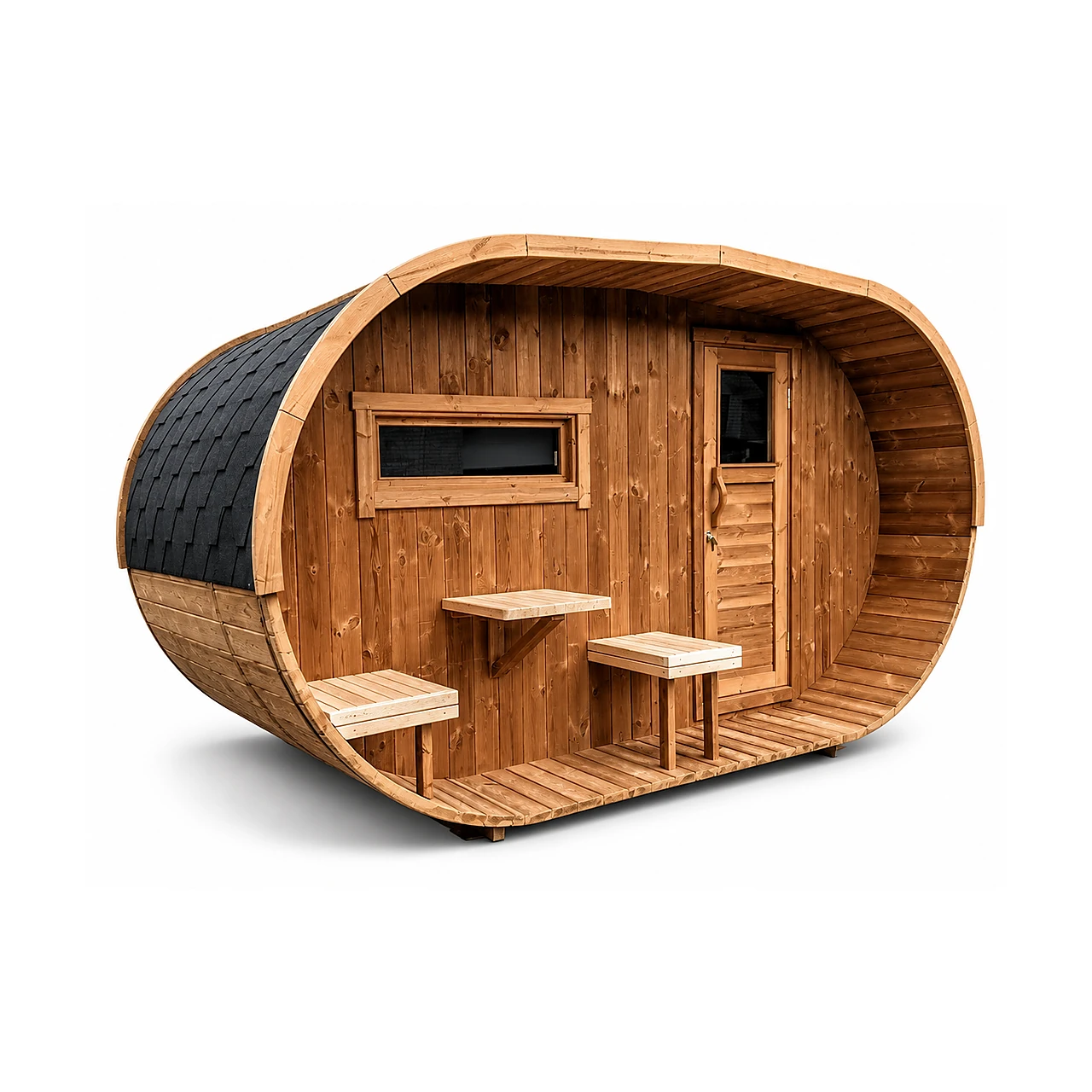 Sauna ovale da esterno TimberIN Nordic Oval Terrace con terrazza d'ingresso, foto da studio su sfondo bianco